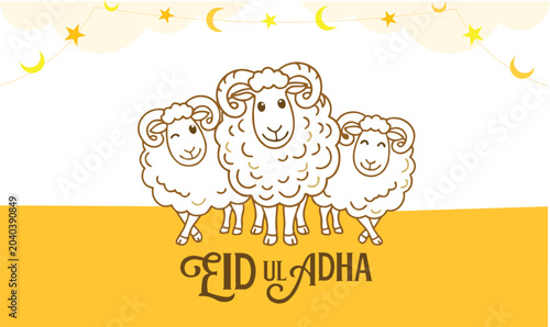 Modern Eid Mubarak Celebration Card with Islamic Ornament and Qurbani Illustration, Islamic Festival of Sacrifice Background with Goat Sheep