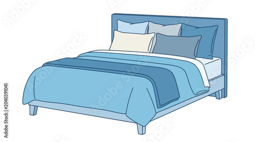 Cozy blue bed with pillows and blankets, inviting bedroom furniture illustration