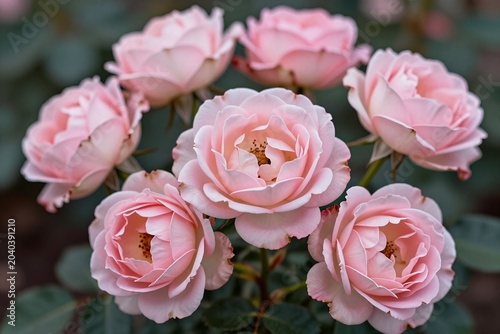 A bunch of pink roses sitting on top of a tree