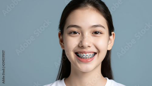 Teenage Girl with Braces: A smiling teenage girl with a happy expression, showcasing her dental braces, looks directly at the camera with a gentle and confident demeanor.