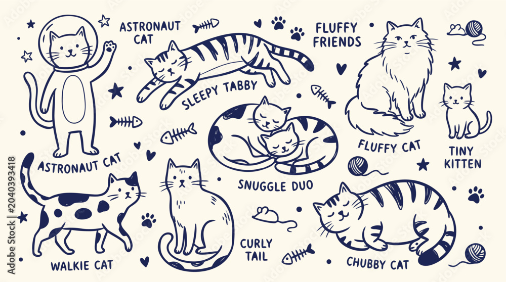 Obraz premium A charming collection of doodlestyle illustrations featuring various whimsical cats in different poses and scenarios