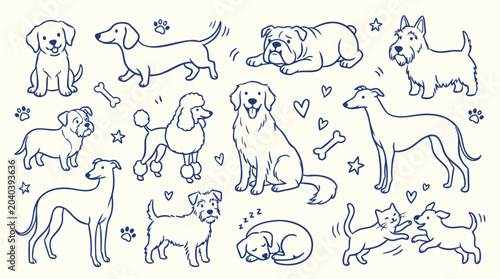 Foto Collection of charming handdrawn line art illustrations featuring diverse dog br