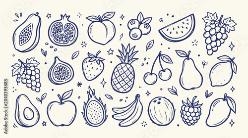 Collection of delicious handdrawn fruit illustrations with a charming doodle style for healthy eating themes