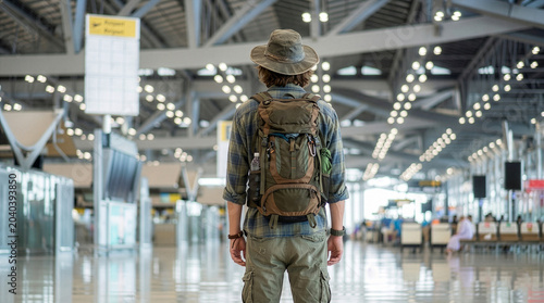 Rear view of male traveler with backpack in airport terminal