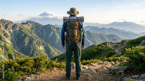Backpacker standing on mountain trail looking at landscape view