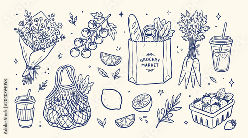 Collection of handdrawn outline illustrations of fresh food items and flowers for a healthy lifestyle
