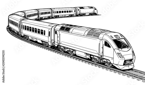 Tableau sur toile Black and White Passenger Train Engine Vector Illustration Railway Cars on Curve