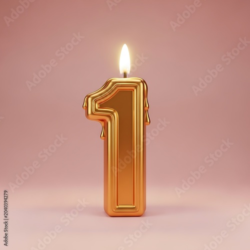 Golden number one candle with lit wick on pastel background