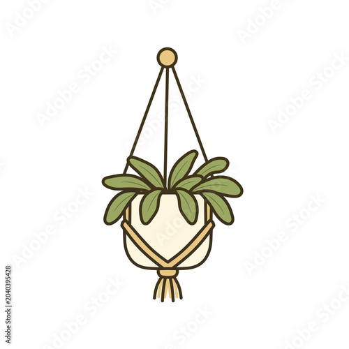 Boho Hanging Houseplant in Macrame Pot Flat Vector Illustration