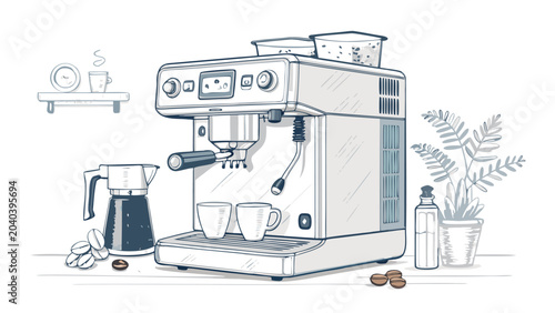 Tableau sur toile Coffee Machine with Cups and Jug.