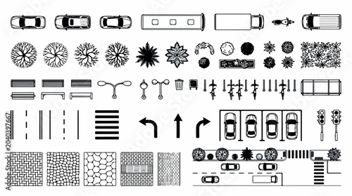 Architectural site plan symbols, top view landscape design elements, urban planning vector icons for city infrastructure and street layouts isolated PNG with Transparent Background