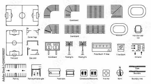 Soccer stadium architectural site plan icons, football field layout and arena construction elements, 28 black line vector symbols isolated PNG with Transparent Background