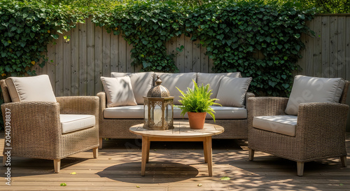 Rattan patio furniture set in a backyard