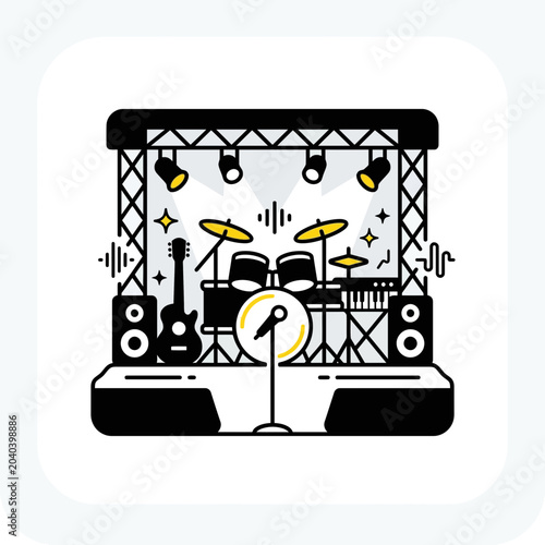 Bild auf Leinwand Music Concert Stage Setup: Band Instruments, Lights, and Sound Equipment