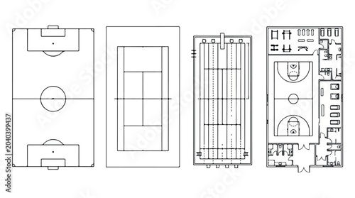 Architectural sports facility floor plans, technical line art vector of soccer field, tennis court, swimming pool, and basketball gym layout isolated PNG with Transparent Background