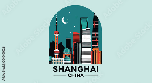 Photography Vibrant Shanghai cityscape at night vector illustration featuring iconic modern
