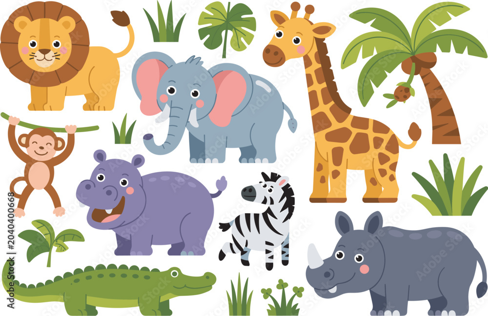 Naklejka premium Cute safari animal collection with lion elephant giraffe zebra rhinoceros monkey and crocodile cartoon characters