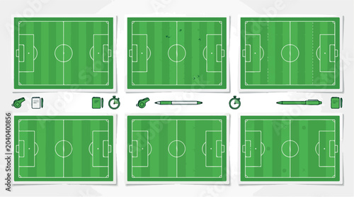 Soccer tactical board collection, green football field pitch diagrams with coach equipment icons, 6 vector sports strategy layouts isolated PNG with Transparent Background