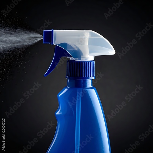 A blue spray bottle with a clear nozzle spraying liquid
