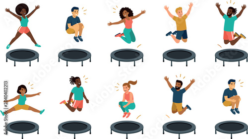 Happy Diverse People Jumping on Mini Trampolines Icon Set with Energetic Men and Women Bouncing for Fitness, Fun, Exercise, and Healthy Lifestyle