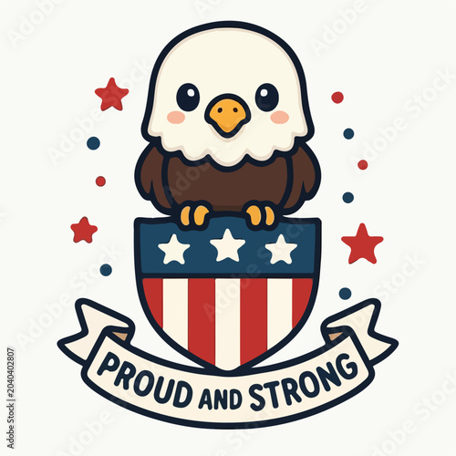 Cute cartoon bald eagle sitting on a patriotic shield with red white and blue stars and a proud banner design