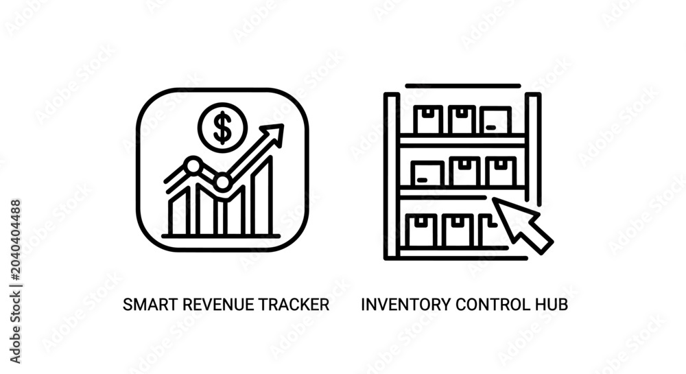 Fototapeta premium Smart revenue tracker and inventory control hub icons with inventory, business