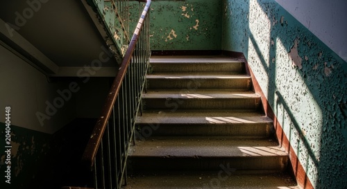 A weathered concrete staircase inside an aging apartment building features chipped railings, peeling paint, and diffused mid-century light, railing, apartment, ascent