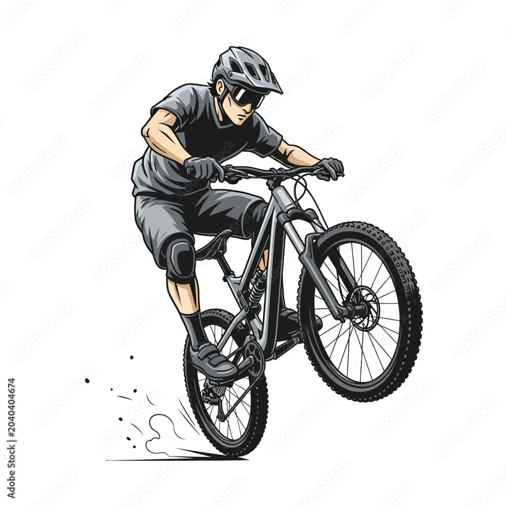 Naklejka premium Mountain Biker Performing Wheelie Against White Background