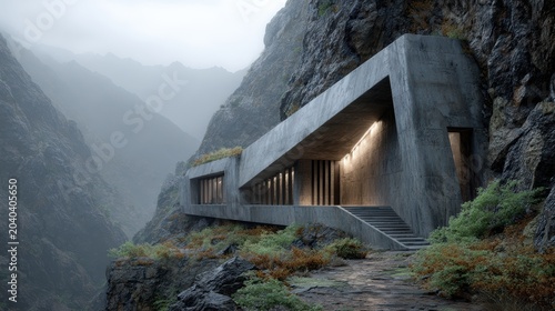 Modern concrete house built into a rocky mountain landscape with a moody, misty atmosphere.