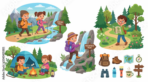 Cartoon kids hiking and camping vector set, children exploring nature with backpacks and tents, outdoor summer camp adventure illustrations isolated PNG with Transparent Background