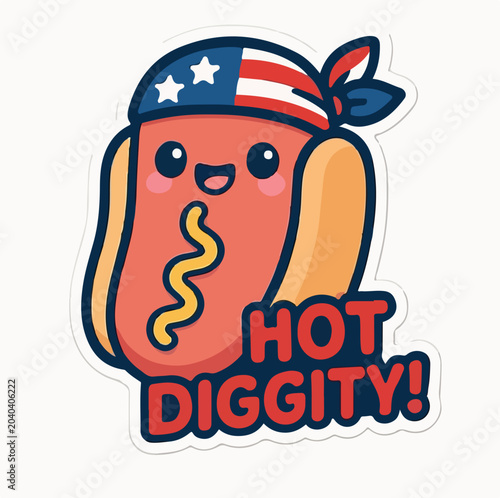 Cute cartoon hot dog character wearing a patriotic american flag bandana with mustard and bold text on white background