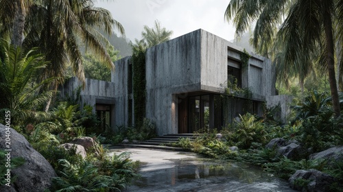 Modern concrete house surrounded by dense tropical vegetation and palm trees under a cloudy sky.