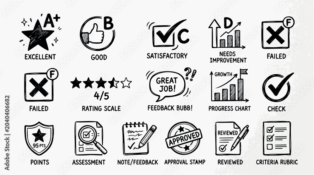 Fototapeta premium Hand-drawn grading icons and feedback stamps, set of 15 educational assessment symbols, black ink doodle rubric and progress chart vectors isolated PNG with Transparent Background