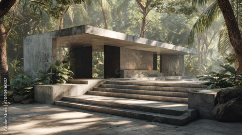 Modern concrete pavilion with wide steps surrounded by dense forest and natural light filtering through trees.