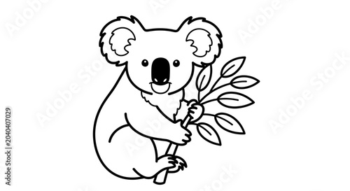 Photography Koala bear holding eucalyptus leaf branch.