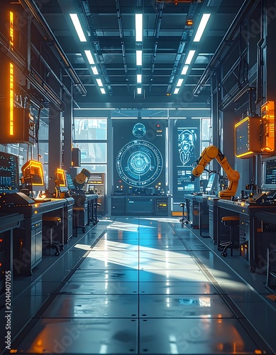 A futuristic workshop with robotic arms and workstations (2)