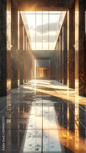 A long, empty hallway with shiny floors and large windows