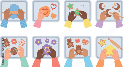 Fotografie Top View of Children Hands Baking Cookies and Playing with Playdough Set with Ro