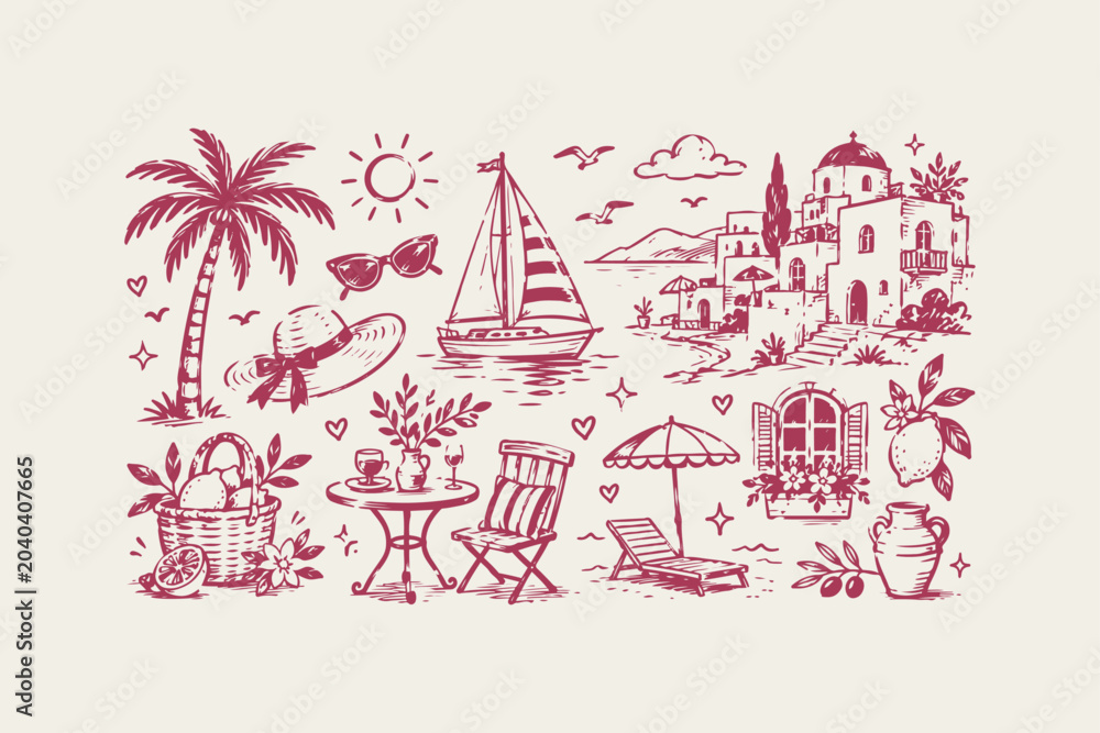Behang Summer vacation doodle set with palm tree sailboat mediterranean houses and beac