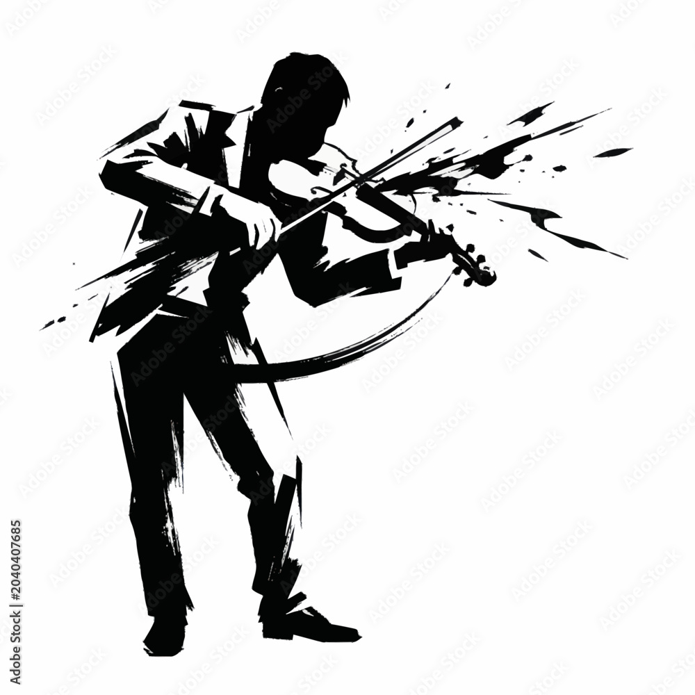 Behang Violinist playing violin with abstract paint splashes.