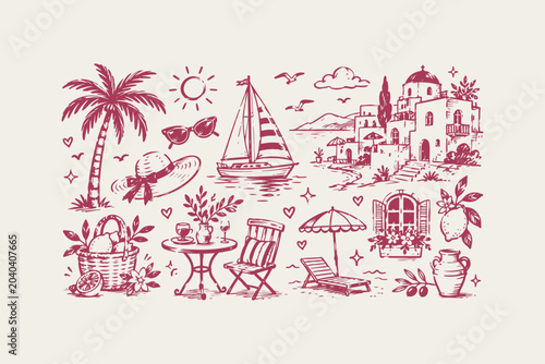 Bild auf Leinwand Summer vacation doodle set with palm tree sailboat mediterranean houses and beac