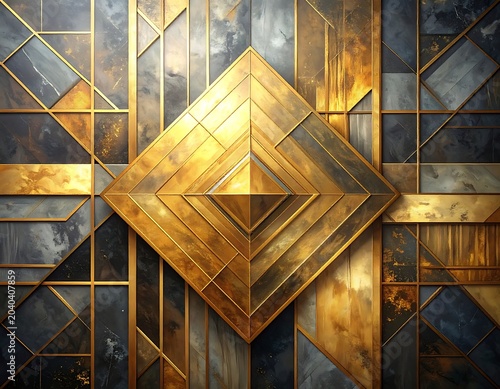 A geometric pattern of gold and gray metallic shapes