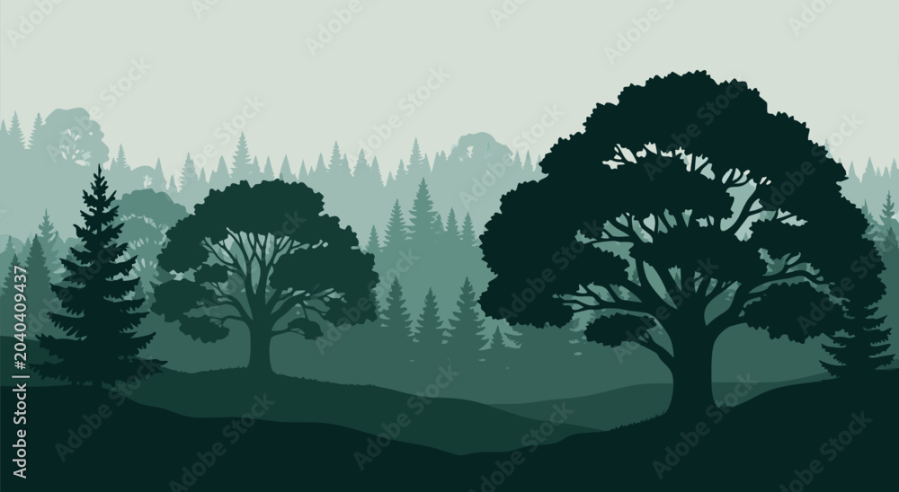 Obraz premium Serene forest landscape illustration, a vector graphic featuring rolling hills and dense trees in muted green tones