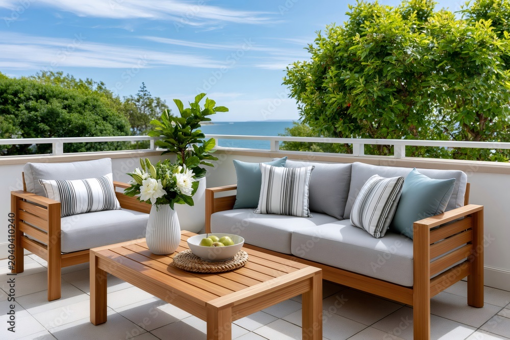 Fototapeta premium Outdoor lounge furniture overlooking ocean view balcony
