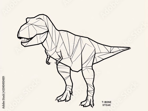 Minimalist geometric low poly T-Rex dinosaur butcher diagram with T-Bone steak text