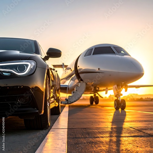 A luxury car and private jet on a runway at sunset