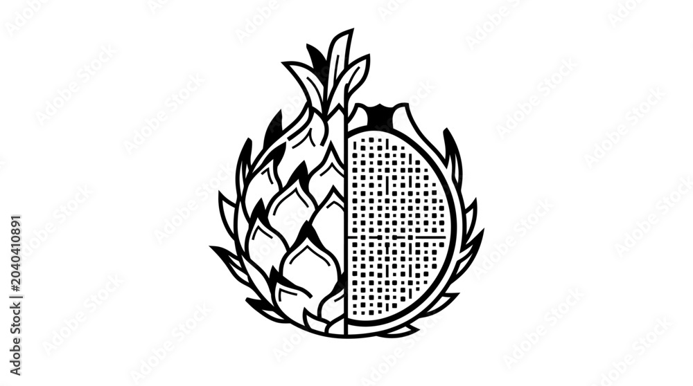 Obraz premium Black and white illustration of a dragon fruit, halved to display its unique scaly exterior and intricate, seed-dotted interior, ideal for tropical food branding