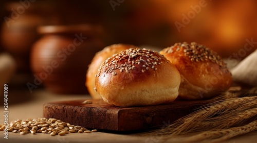 Freshly Baked Bread Rolls with Sesame Seeds on a Rustic Wooden Board Surrounded by Wheat Grains and Cozy Background Ambiance