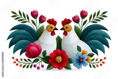 Rooster and hen folk art floral arrangement