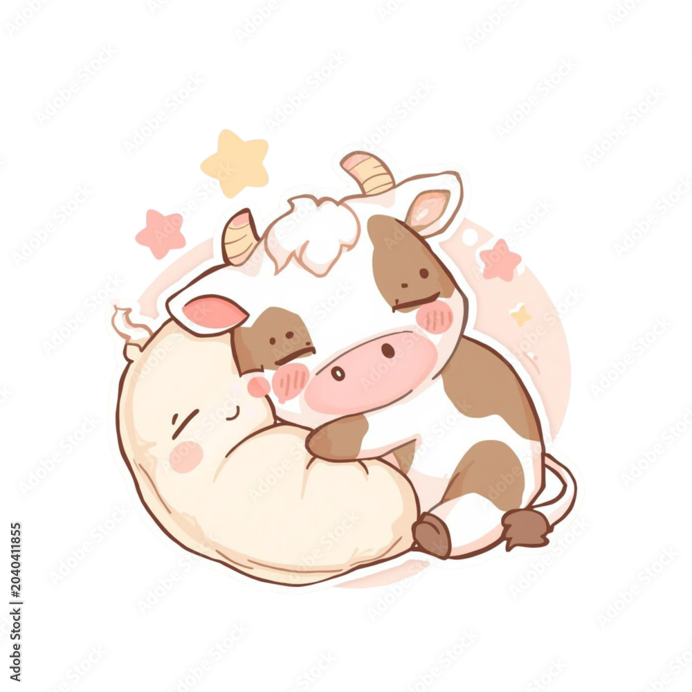 Fototapeta premium Cute Sleeping Cow Hugging Pillow Kawaii Cartoon Illustration
